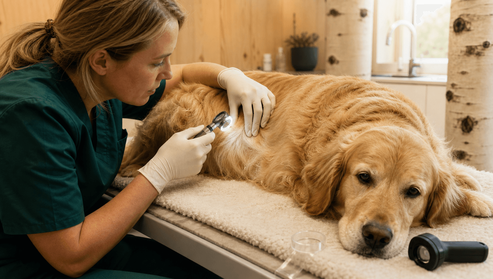 Veterinär undersöker huden under pälsen på hund vid hudutredning.